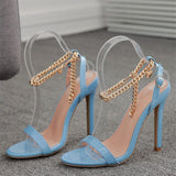 2023 Women 12cm High Heels Sandals Platform Nude Blue Sandles Pleaser Designer Metal Chain Strap Heels Lady Feitsh Pink Shoes