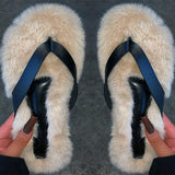 Back to school Amozae  Women Fur Rhinestone Slippers Platform Wedges Heel Solid Fluffy Furry Slides Outside   Shoes Ladies Comfortable Female Flats