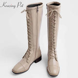 krazing pot cow leather square toe lace up European riding boots med heels keep warm high quality stretch thigh high boots L56