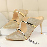 Women Summer 9cm High Heels Glitter Sandals Lady Bling Mules Slingback Silver Pumps Female Gold Pink Bridal Quality Shoes