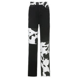 Amozae-- Patchwork Cow Goth Aesthetic Jeans Women Vintage Y2K 90s Streetwear Denim Trousers High Waist Slim Straight Pants