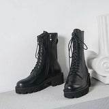 Krazing Pot 2022 full grain leather motorcycles boots round toe cross-tied med heels lace up big size winter warm mid-calf boots