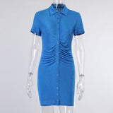 Amozae Short Sleeve Ruched Bodycon Dresses For Women   Summer   Mini Dress Blue Green Turn-Down Collar Button Up Shirt Dress