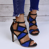 Brand Design Women Fashion Peep Toe Patchwork Colors Thin Heel Sandals Pink Blue Strap Cross High Heel Sandals Dress Shoes