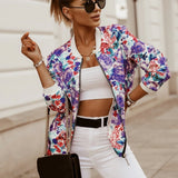 Amozae  Flower Print Long Sleeve Women's Bomber Jacket Fashion Zipper Up Vintage Coat Tops Elegant Slim Basic Ladies Jackets Outwear