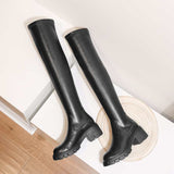Krazing Pot big size cow leather stretch over-the-knee boots platform round toe high heels winter women warm thigh high boots