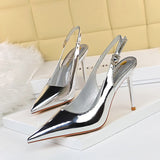 Amozae--Summer Female Office Pumps Pointed Toe Patent Leather Metal Heel 9.5cm High Heels Ladies Solid Plus Size   CLub Womans Shoes