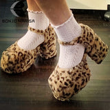Amozae Fashion Round Toe Leopard Fuzzy Square Heels Marry Janes Pumps Buckle Strappy Sweet Cute Plush Spring Autumn Comfy Shoes Women A12