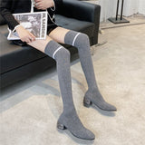Women Stretch Sock Botas Long Tight Boots 4cm Low Heels Lady Crystal Over The Knee High Boots Stripper Winter Warm Fetish Shoes