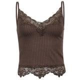 Amozae- Patchwork Lace Brown Crop Top Summer V Neck   Sleeveless Cami Tops Tees 90S Backless Spaghetti Strap Top