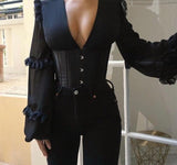 Amozae Spring Eyelet Lace-up Frill Hem Backless Crop Top  Women Long Sleeve Shirt  Cotton Blouse 1119