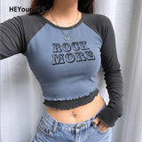 Amozae Fake 2 Pieces Letter Print Cotton Tshirt Women Autumn Casual Crop Top T Shirt Ladies Fashion Basic T-Shirt Winter