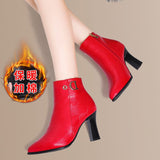 Amozae Women Wedding Boots Red   New Genuine Leather Fashion Large Size 43 Women Ankle Boots Women Mid-heel Pointed Ladies Booties