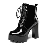 Amozae  2022 Thick High Heeled Female Patent Leather Ankle Boots Round Toe Lace-Up Zipper Women Short Boots Gothic Women Shoes