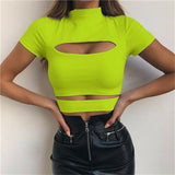 Gothic Chest Hollow Out   Women T-shirt Crop Top Green Black Solid Slim Tank Tops Tee Shirt Female Casual Camis