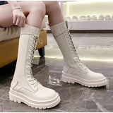 Women Mid Calf Boots Thick Platform Lace Up Sock Shoes Female Stretch Knitted Boot Fashion Ladies Shoe 2021 Autumn Winter