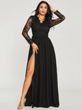 Amozae   Spring Summer Black   Lace Long Sleeve High Slit Evening Dresses Ladies V Neck Nightclub Robes Prom Party A Line Gowns