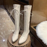 Amozae- New Knee-high Boots Women's Autumn And Winter Fashion Front Lace-up Botas Mujer Boots Square Heel Women's Shoes