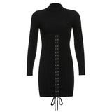 Amozae Tie Up Bandage Black Bodycon Dress Autumn Basic Long Sleeve Knitted Mini Dresses Ladies Skinny Casual Winter Fashion