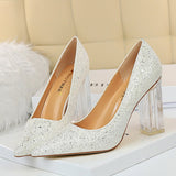 Amozae-2024 Women 10cm High Heels Glitter Scarpins Gold Silver Block Clear Heels Pumps Lady Wedding Bridal Transparent Chunky Shoes