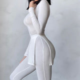 Amozae  Long Sleeve O-Neck Skinny Stretchy Solid Print Jumpsuit Summer Women Fashion Streetwear Romper