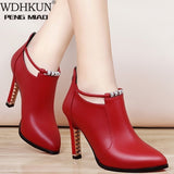 Amozae-2024new Winter Boots Women Shallow Round Toe Red Women's Boots Thin Heels Zip Ankle Boots Pu Leather Zapatos De Mujer