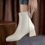 2021 New Autumn Women Leather Ankle Boots Fashion Female Mid Thick Heels Elegant Lady White Black Apricot Square Toe Zip Shoes