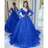 Amozae Green Shinny Wedding Party Dresses   Lady V Neck Long Sleeve Mother Of The Bride Dress Blue Formal Evening Vestido Ball Gown