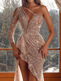 Amozae   One Shoulder Sequin Evening Party Dress Floor Length Maxi Dress Solid Color High Split Backless Women Dress