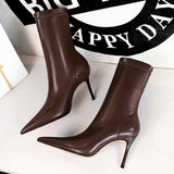 2023 Winter Warm Woman Leather 8.5cm High Heels Boots Plush Plus Size 43 Short Boots Lady Fetish Booties Nightclub Combat Shoes