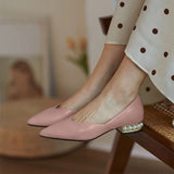 Women's Pumps Low Heels PU Leather Fashion Shoes Office Dress Pointed Toe Slip On Woman   Comfortable Female Pearls Ladies
