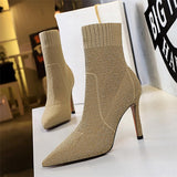 Women Fashion 9.5cm High Heels Pumps Pointed Toe Ankle Boots Nightclub Fashion Boots Winter Heels Sock Burgundy   Shoes