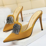 Amozae Luxury Women 10.5cm Hig Heels Slides Gold Crystal Silk Satin Mules Female Heels Closed Toe Slippers Slip On Prom Shoes