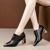 Amozae    High Heels Bare Boots   Autumn New Fashion Women Shoes Square Black Zip Leather Ladies Shoes Metal Pointed Toe Pump 8472
