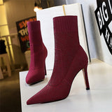 Women Fashion 9.5cm High Heels Pumps Pointed Toe Ankle Boots Nightclub Fashion Boots Winter Heels Sock Burgundy   Shoes