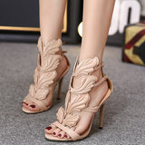 Luxury Women 11cm High Heels Fetish Leather Sandals   Gold Metal Wing Summer Shoes Lady Stiletto Party Valentine Sandles