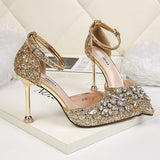 Amozae-Women Summer 9.5cm High Heels Crystal Luxury Sandals Lady Glitter Bling Pumps Footwear Sequins Wedding Bridal Sandles Shoes