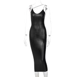 Amozae- PU Leather Midi Dress For Women Spaghetti Strap Sleeveless Bodycon Dresses Ladies Fashion Party Elegant Vestidos