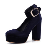 Amozae Fashion Velvet Female High Heels Shoes     Designer Black Blue Womens Heels Round Toe Platform Pumps Women Mary Jane Shoes