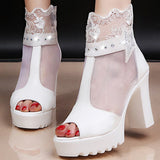Women Air Mesh Sandals Summer Square High Heel Platform Peep Toe Breathable Wedding Dress Female Ladies Shoes Zapatos De Mujer