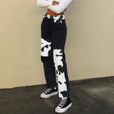Amozae-- Patchwork Cow Goth Aesthetic Jeans Women Vintage Y2K 90s Streetwear Denim Trousers High Waist Slim Straight Pants