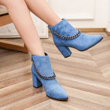 Amozae-Back to College Women Blue Cow Suede Ankle Boots Female Increased Platform Short Boots Zip High Heel Boots Casual Shoes Woman Chain Botas Mujer