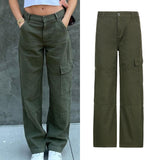 Amozae-  Vintage Khaki Wide Leg Cargo Jeans High Waist Big Pockets Baggy Denim Trousers Casual Oversized Pants Street Sweatpants