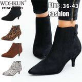 Women Suede Ankle Boot Mid Stiletto Heel Side Zip Pointed Toe Party Work Outdoor Shoe Fine Heel Leopard Print Fashion