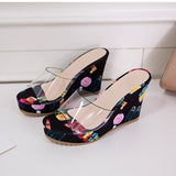 Women Wedges Slippers High Heels Platform Casual Ladies Slides Summer Retro Transparent Floral Thick-Sole Slippers Ethnic Style