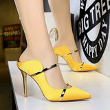 Amozae-Women Fetish 10cm High Heels Slides Female   Summer Mules Satin Slippers Lady Slip On Yellow Sandals Silk Strange Shoes