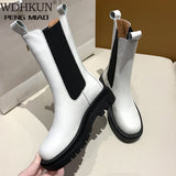 Women Botas Square Toe Platform Thick Heel Mid-Calf Boots Woman Fashion Slip-on Chelsea Booties Autumn Winter White