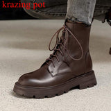 Krazing pot genuine leather round toe western boots thick med heels flat platform keep warm cross-tied concise ankle boots l20