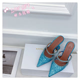 Amozae  2022 Summer New Pointed Toe Rhinestone Sequined Stiletto Slippers Leopard Print Baotou Half Drag Sandals