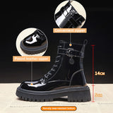 Amozae  Winter Ankle Boots Women Black Platform Patent Leather Wedges Short Boots Woman Fashion Mid Heels Round Toe Booties Botas Mujer